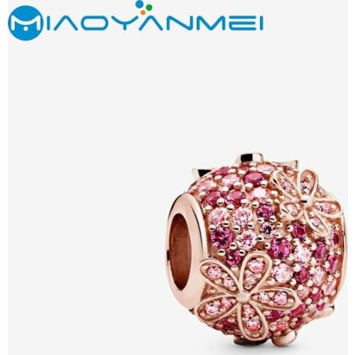 2020 Spring New 925 Sterling Silver Beads Pink Pave Daisy Flower Charms fit Original Pandora Bracelets Women DIY Fashion Jewelry