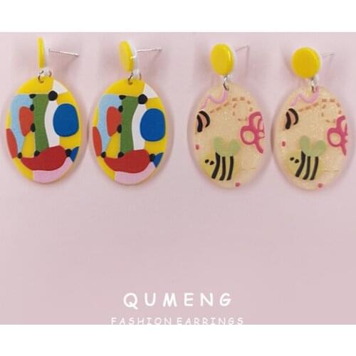 2021 New Design Geometric Ellipse Yellow Abstract Painting Printed Pendant Earrings Fashion Characteristic Jewelry For Girl