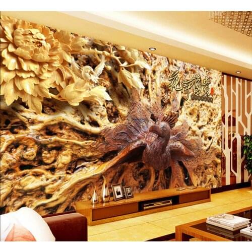 3d wall murals wallpaper Wood carvings peacock engraved background wall murals photo 3d wallpaper