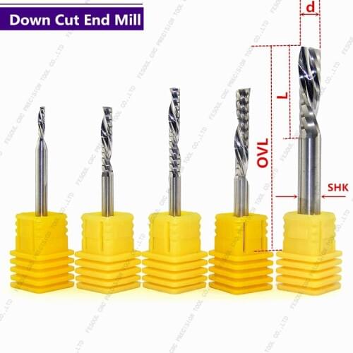 5 PCS-1 Single Flute Down Cutter end mill,Left Helical Carbide Milling Tool Bit for Cutting Grooving Wood, Plastic Board PVC
