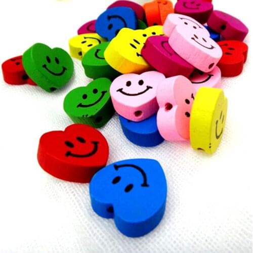50pcs/lot Colorful DIY Wooden Beads Smile Face Pattern Wood Beads Heart Shpe Series Mixed Color for Children Baby Jewelry Making