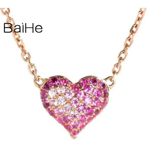 BAIHE Genuine Solid 18K Rose Gold 0.18ct Pink Sapphire Fine Jewelry Heart Necklaces Women Trendy Wedding Gift Anniversary
