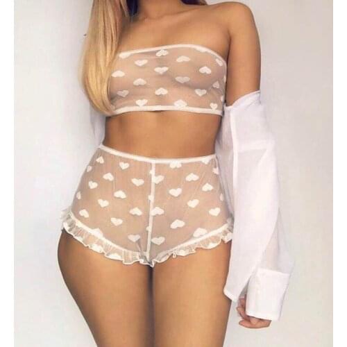 Free Shipping Sexy Satin Lace Heart Pattern See Through Tube Top+High Waist Thong Fashion 2PCS Sleepwear Nightwear 2020 Hot Sale