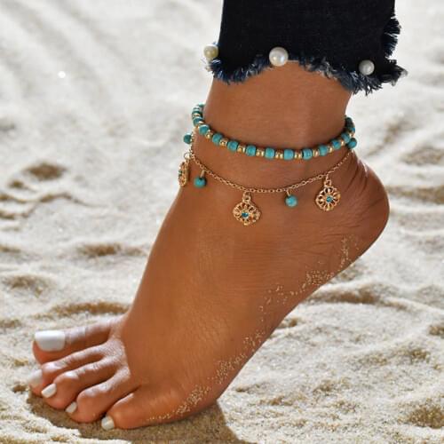 Bohemian Anklet For Women Fashion Turquoises Beads Hollow Flowers Anklets Bracelet On The Leg Foot Jewelry Beach Ankle Bracelets