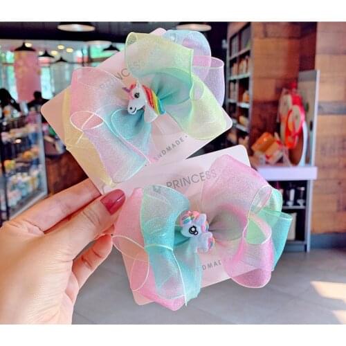 Baby Girls Unicorn Hairpins Rainbow Hairclip Colorful Ribbons Hair Clips & Pins Big Bow-knot Kids Headwear Barrettes Gift