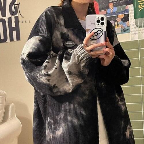 Hstar 2021 women autumn Corduroy long sleeve Harajuku jackets female tie dye Zipper streetwears lady casual oversize jackets