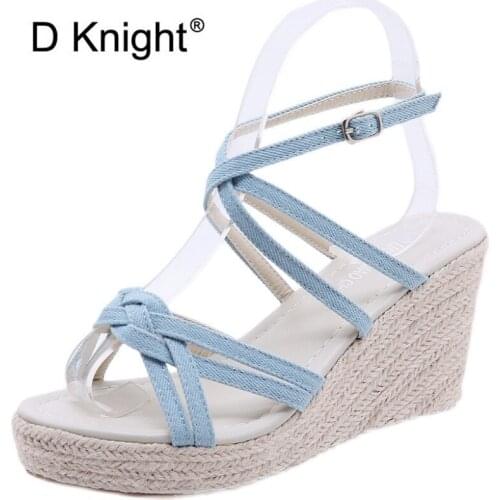 Summer New Platform Gladiator Espadrilles Women Sandals Straw Wedges Sandals Ankle Buckle Strap Roman High-Heeled Womens Shoes
