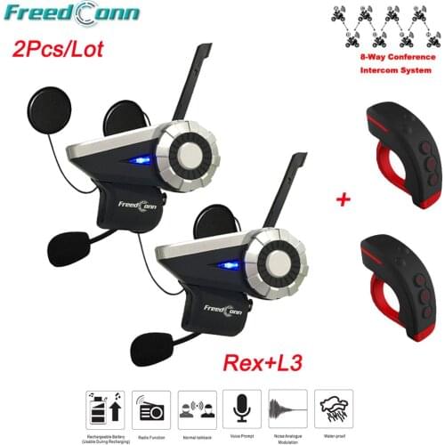 2Pcs Freedconn T-Rex Motorcycle Intercom BT Interphone FM Helmet Intercom Headset + L3 Remote Controller Moto Headset