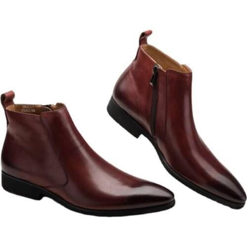 Men New Fashion Pu Leather Slip-on Ankle Boots Pointed Toe Low Heel Shoes Male Casual Classic Retro Style Chelsea Boots