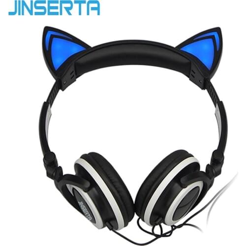 JINSERTA Cat Ears Headphones with LED Glowing Lights over the ears Gaming Headphones Cheese cat earphone for Mobile Phone Pad PC