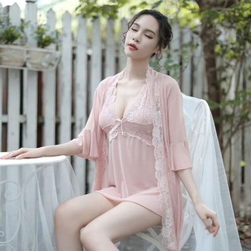 2pcs Set Sexy Temptation Sleepshirts Women Sling Sleep Dress Nightgown Homewear Clothing Lingerie Spa Hotel Bathrobe Women Bride