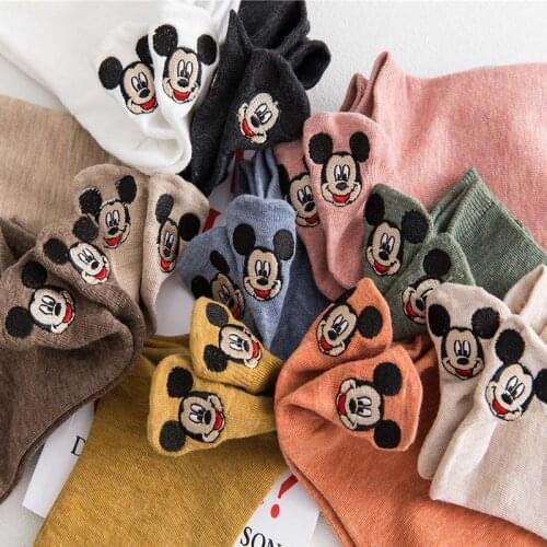 4 Pairs Lot Fashion Socks Women 2021 New Spring Cotton Color Novelty Girls Cute Mickey Embroidery Casual Funny Ankle Socks