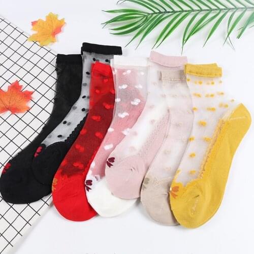 5 Pairs Summer Cute Polka Dot Ultra-thin Socks Women Female Bowknot Crystal Anti-hook Transparent Sock Tube Calcetines Mujer