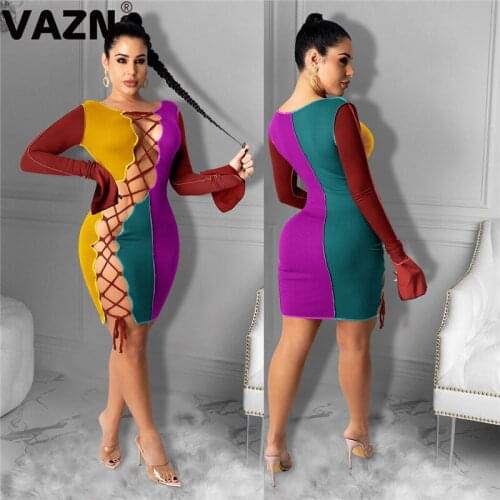 VAZN New 2020 Hollow Out O-neck Elegant Club Birthday Shinny Bandage Dress Full Sleeve Sheath Dresses Elegant Mini Dress