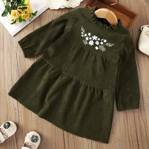 Autumn Winter 2021 New Girls Dress Long Sleeve O Neck Embroidery Floral Blackish Green Color Cute Sweet Baby Vestidos 1-8T