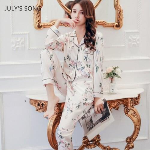 JULYS SONG Faux Silk Pajamas Set Woman Sleepwear 2 Pieces Flower Print Long-sleeved Suit Spring Autumn Elegant Lapel Homewear