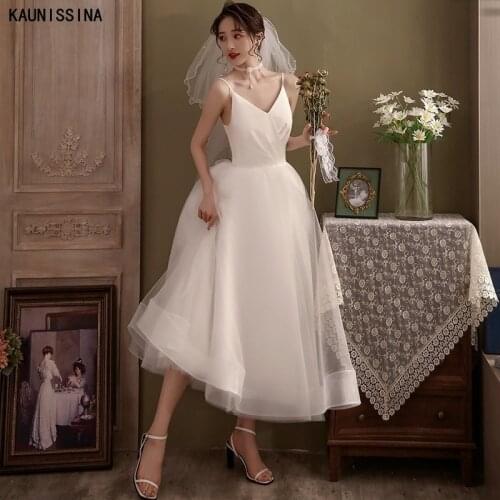 KAUNISSINA Mid-Calf Length Wedding Dresses Spaghetti Straps Sexy V-Neck Tulle Ivory Bridal Gowns Backless Simple Wedding Gowns