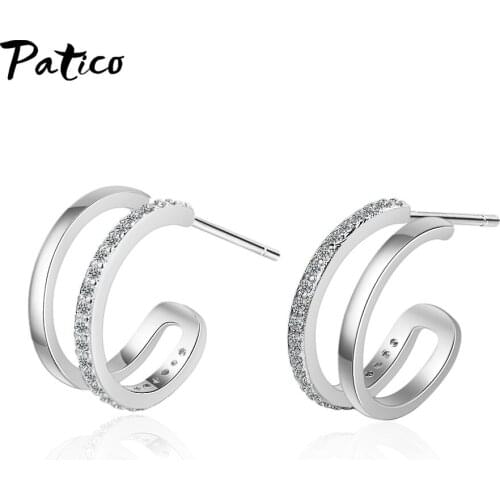 European 100% 925 Sterling Silver Geometric C-shape CZ Stud Earrings for Women Luxury Silver Fine Jewelry Brincos