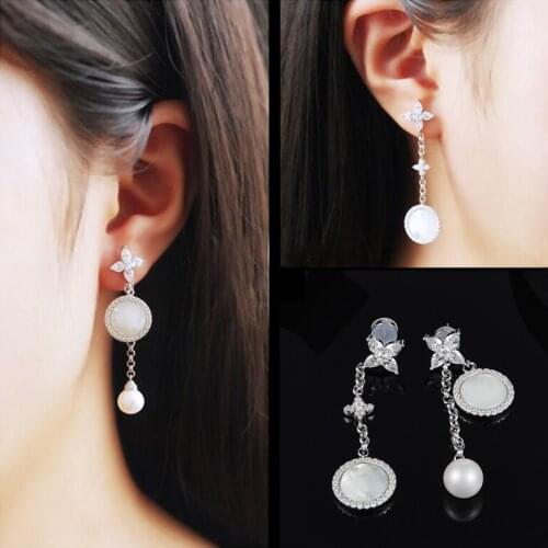 925 Sterling Silver Silver Needle Fashion Trendy AB Style Asymmetry White Shell Drop Earrings Earrings With CZ Star For Women