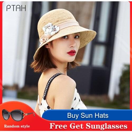 [PTAH]Fashion Raffia Hat Women UPF 50+ Wide Brim Roll-up Straw Foldable Beach Hat Breathable Sun Protection Visors Straw Weaving