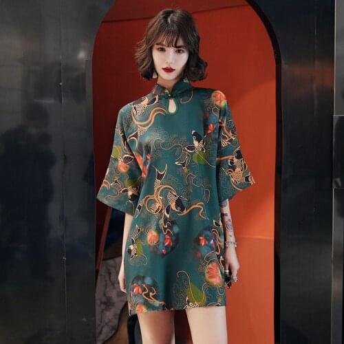 Traditional Chinese Hanfu Qi Pao Women Retro Cheongsam Girl China Harajuku Style Vintage Carp Crane Printed Party Qipao Dresses
