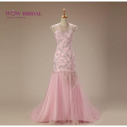 Wowbrial Dreamlike Pink Evening Dress 2021 O-Neck Sheer Sweetheart Strapless Pattern Sequins Beaded Chiffon Draped Pannier Dress