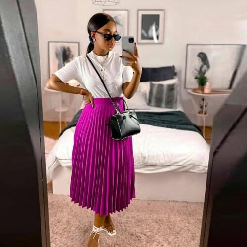 Women Elegant Fuchsia Pleated Skirt Elastic High Waist Midi Skirt Female Chic Skirts mujer faldas Hot Pink Women SKirt