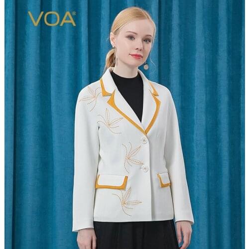 VOA 60m/m Silk White Lapel Bumping Gold Edge Asymmetrical Arch Needle Single Row Twisted White Long Sleeve Women Jacket WE68