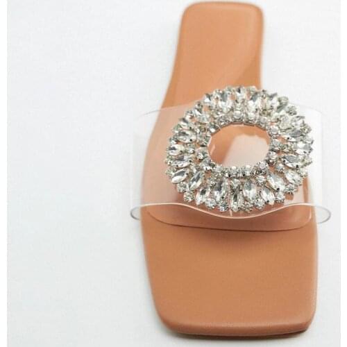 Zar a Woman 2021 Flat Shoes Spring Summer New Sexy Transparent Rhinestone Fashion Square Toe Flat-Heeled Beach Sandals For Women