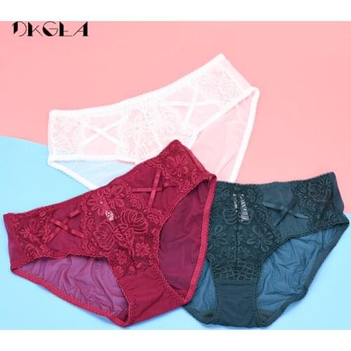 Women Mid-Rise Panties 3 Pcs White Green Burgundy Transparent Underwear XL L Embroidery Lace Briefs Soft Hollow Out Sexy Panty
