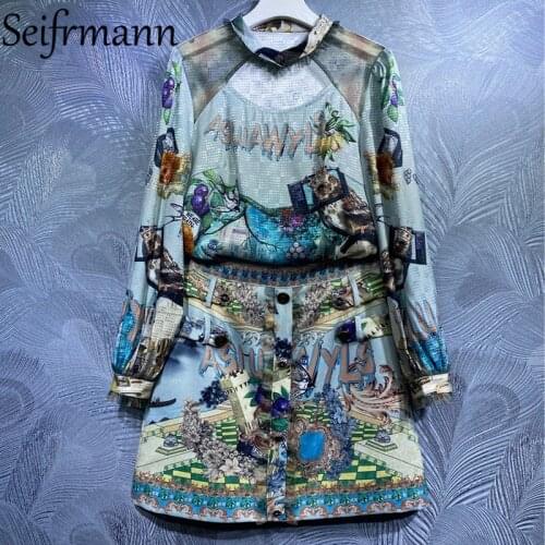 Seifrmann New 2021 Summer Women Fashion Runway Skirts Set Lantern Sleeve Tops + High Waist Floral Printed A-Line Skirts Suits