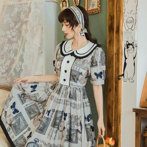 French Palace Style Vintage Print Sweet Kawaii Dress Women Ruffled Doll Collar Sweet Cute Dresses Lolita Summer 2021 New Vestido