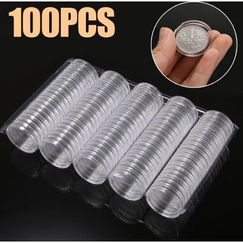 100pcs/set 27mm Round Coin Capsules Coins Storage Case Box Container Plastic Coin Holder Display Cases for 2 Euro Coin