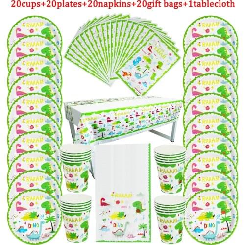 81Pcs Disposable Tableware Dinosaur Theme Kids Birthday Party Paper Plate+Cup+Napkin+Candy GiftBag+Tablecloth Roar Dino Supplies