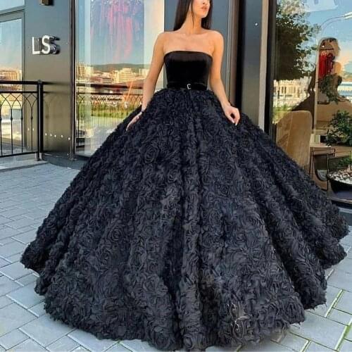 Black Ball Gown Strapless Prom Dresses 2021 Sleeveless Floral Velvet Formal Evening Party Dress Lace-up Back vestidos de gala