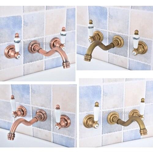 Dual Ceramic Handles Wall Mounted Red Copper 8" Widespread 2 Handle 3 Hole Bathroom Tub Sink Faucet Mixer Tap Lnf002