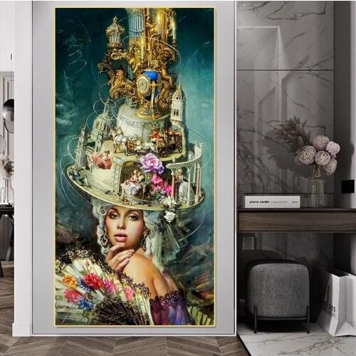 Europe Nobility Palace Woman Abstract Art Hat Posters and Prints Figure Vintage Oil Painting on Canvas Wall Picture for Home