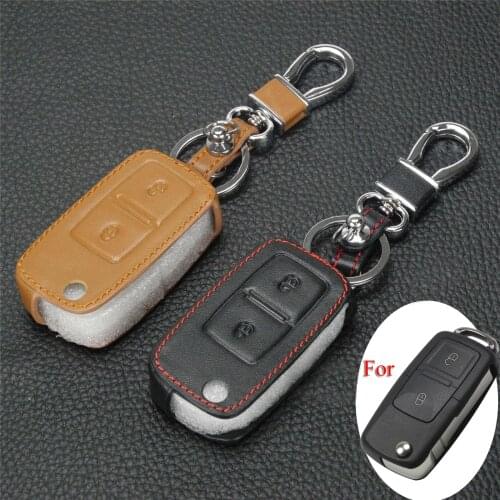 Kutery Leather Key Case Cover For VW Passat Polo Golf Seat Touran Jetta Touran 2Buttons Remote Car Key Protector With Key Chain