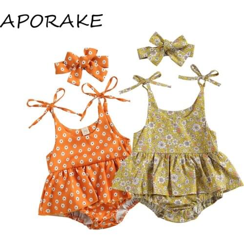 2021 0-24M Cute Summer Baby Girl Romper Dress 2pcs Little Floral Full Print Sleeveless Bandage Ruffle Playsuit Sundress+Headband