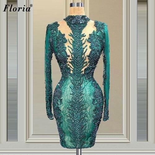 Long Sleeves Green Beads Cocktail Dresses For Women Party Arabic Prom Dresses Evening Wear Graduation Gowns Vestido De Mujer