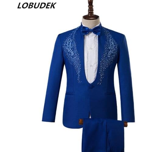 2019 Autumn Rhinestones Mens Suits Stage Wear Fashion Crystals Embroidery Blazer Singer Host Costume Nightclub Wedding Blue Set