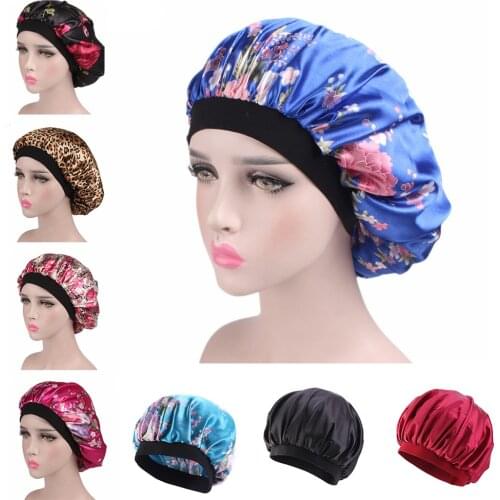 Women Elastic Wide Band Night Sleep Hat Printing Satin Bonnet Cap Hair Loss Cover Fashion Head Wrap Hair Care Salon Dye Hair Hat