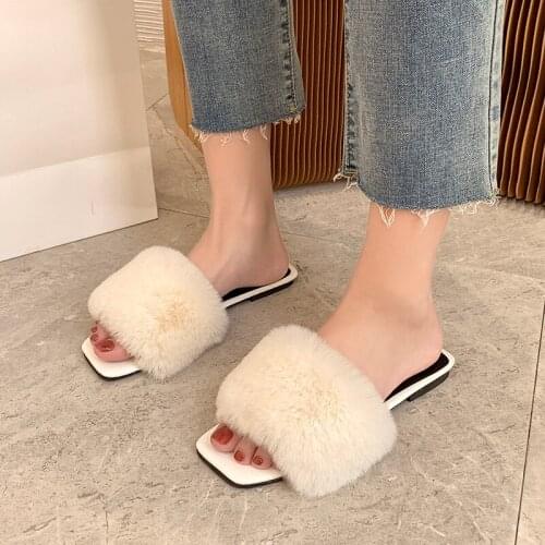 2021 New Fashion Luxury Soft Fur Indoor Women Slippers Flats Winter Peep Toe Fuzzy Slides for Women Shoes Casual Ladies Bedroom