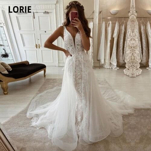LORIE Mermaid Wedding Dresses Boho V-Neck Appliques Lace Wedding Gown Custom Made Bohemian Bridal Dress 2021 robes de mariage