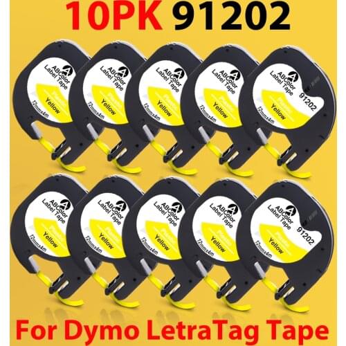 A ABColor 10PK 91202 Tapes Compatible for Dymo Letratag 91222 91332 LT 91202 Black on Yellow Label Cartridge For Dymo LT-100H