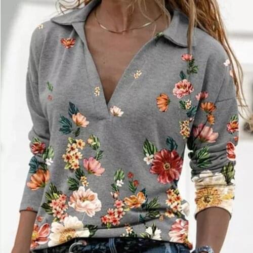 Spring Autumn Butterfly Floral Printed Loose Blouse Casual Long Sleeve Women Shirts Pullover Elegant Ladies V-Neck Tops Blouse