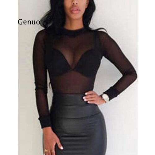 Sexy Women Blouses See Through Transparent Mesh Stand Neck Long Sleeve Sheer Blouse Shirt Ladies Tops Tee Plus Size