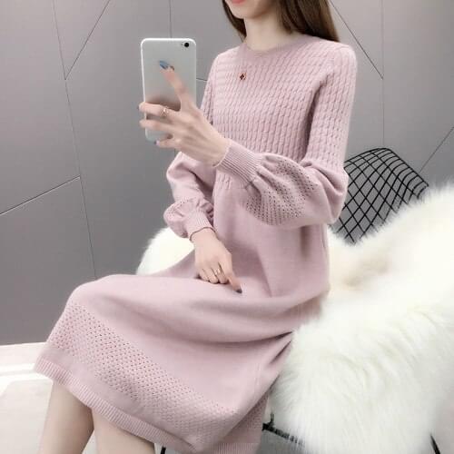 2021 Winter Ladies knitted women Sweater Dress Fashion O neck Thick Solid Long Dress 2020 Autumn New Belt Twist Dress