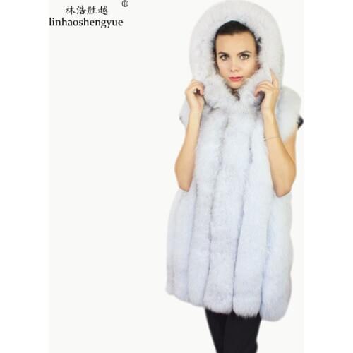 Linhaoshengyue Long 72cm Real Fox Fur Vest with Hooded