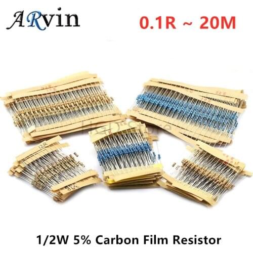 100pcs 1/2w 0.5W 5% Carbon Film Resistor 0.1R~20M 2.2R 10R 22R 47R 51R 100R 150R 470R 1K 4.7K 10K 47K 1 2.2 10 22 47 51 100 150